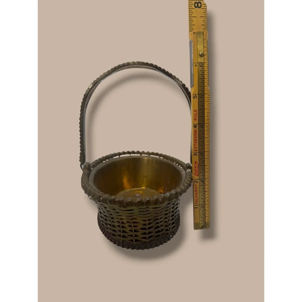 Vintage Brass Basket Made in India Woven Oval Basket Handle Cottage Decor